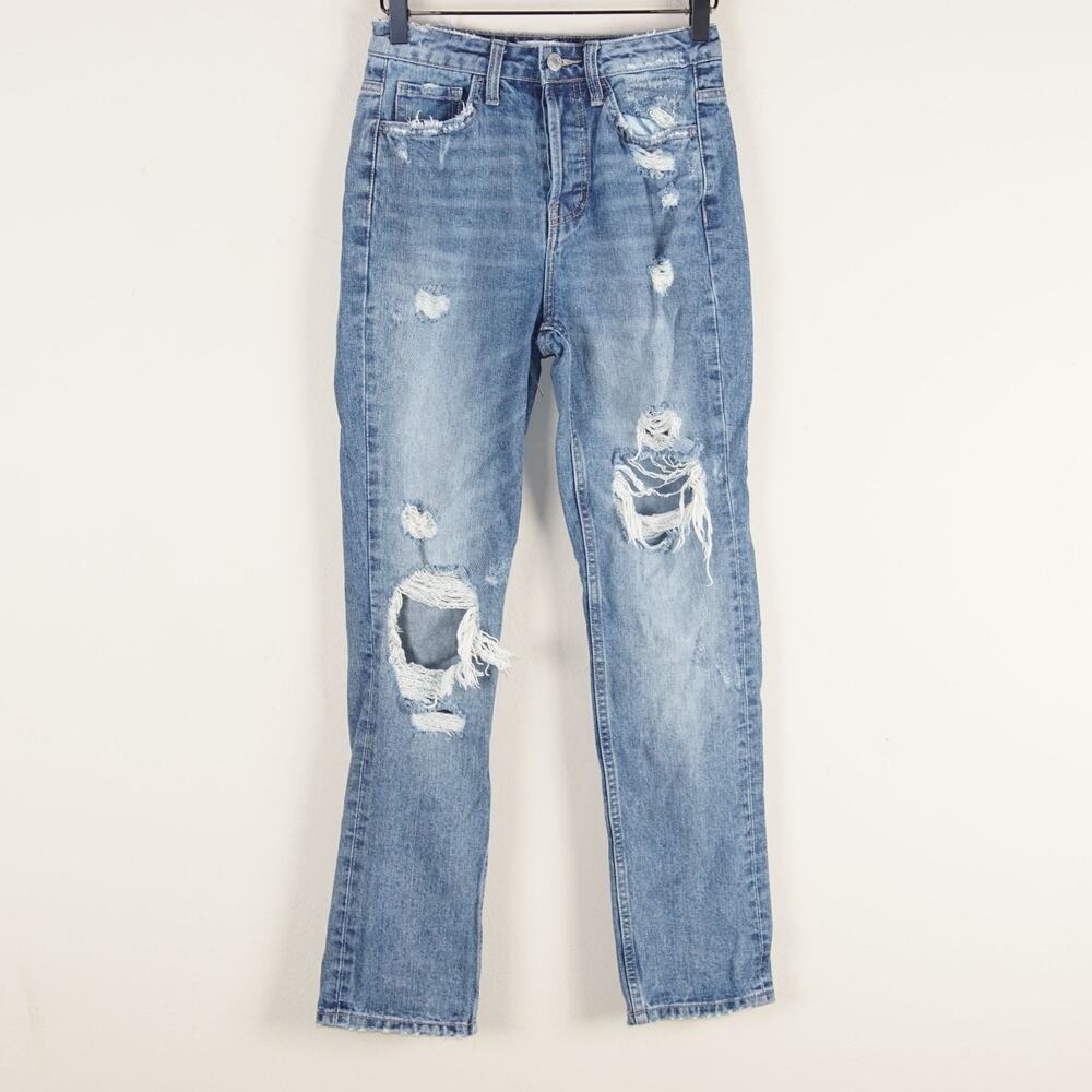 Vervet Super High Rise Button Fly Straight Leg Medium Blue Distressed Jeans 24